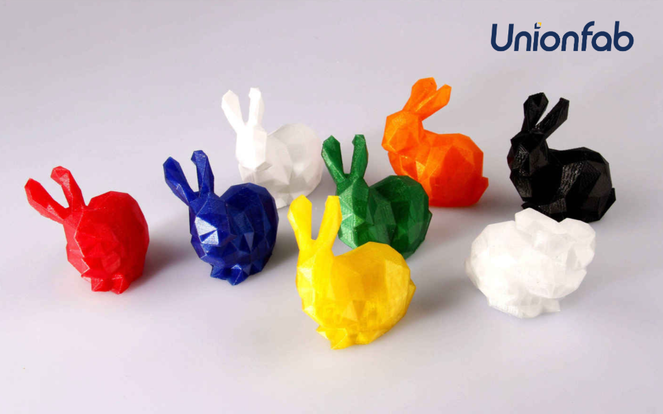 FDM 3d printed colorful PETG rabbits.