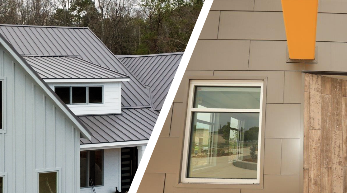 Side-by-side comparison of two exterior building applications. Left: Galvanized steel roofing panels & Right: Galvannealed steel