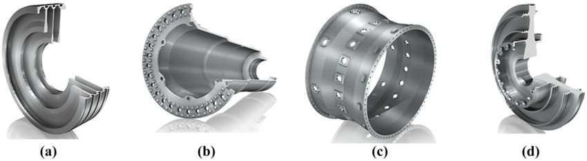 Components made of Inconel 718 used in Aircraft engines, a spool, b shaft, c combustion casing, d turbine disc