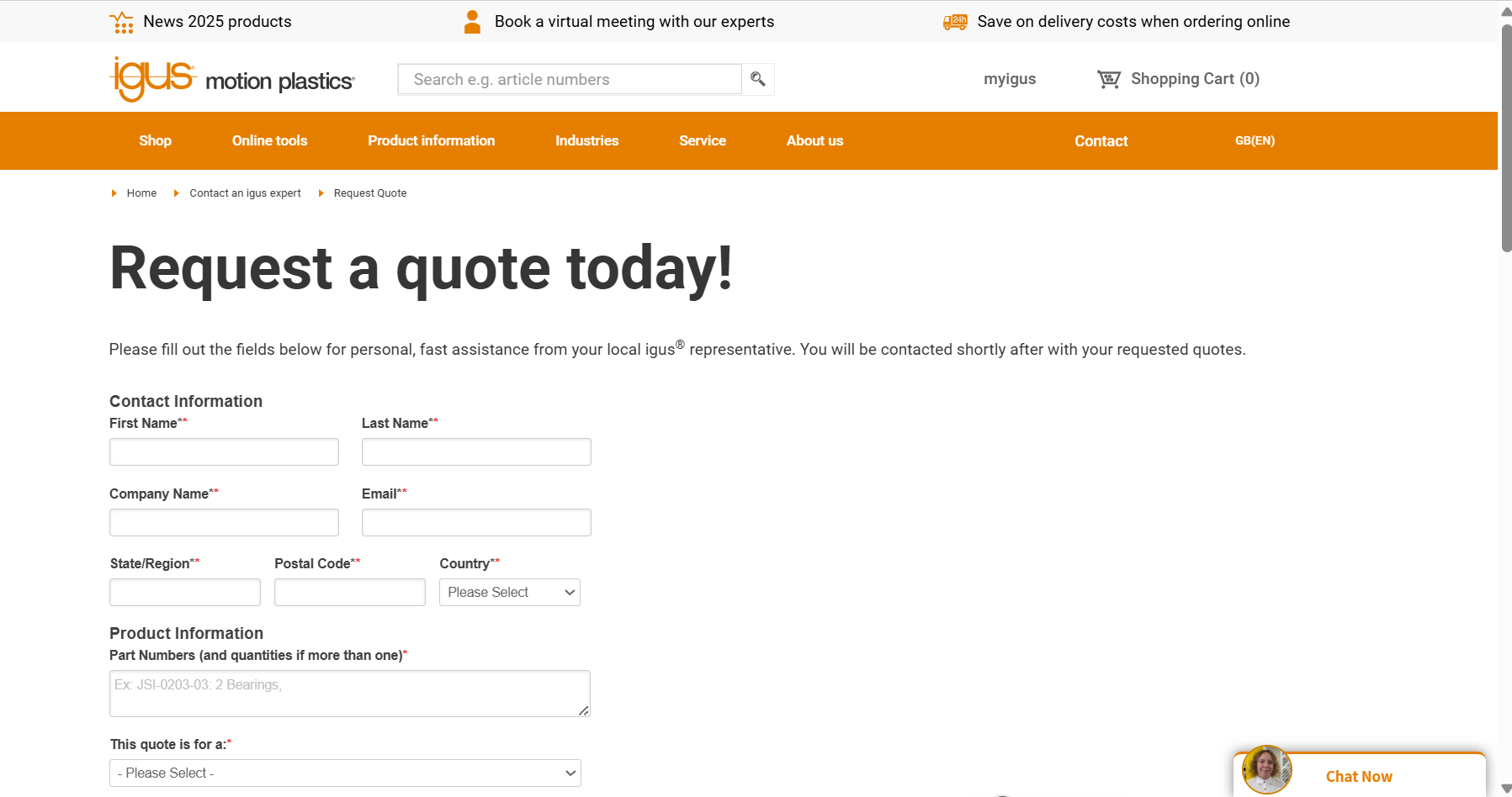 Screenshot of Igus 3D printing quoting page