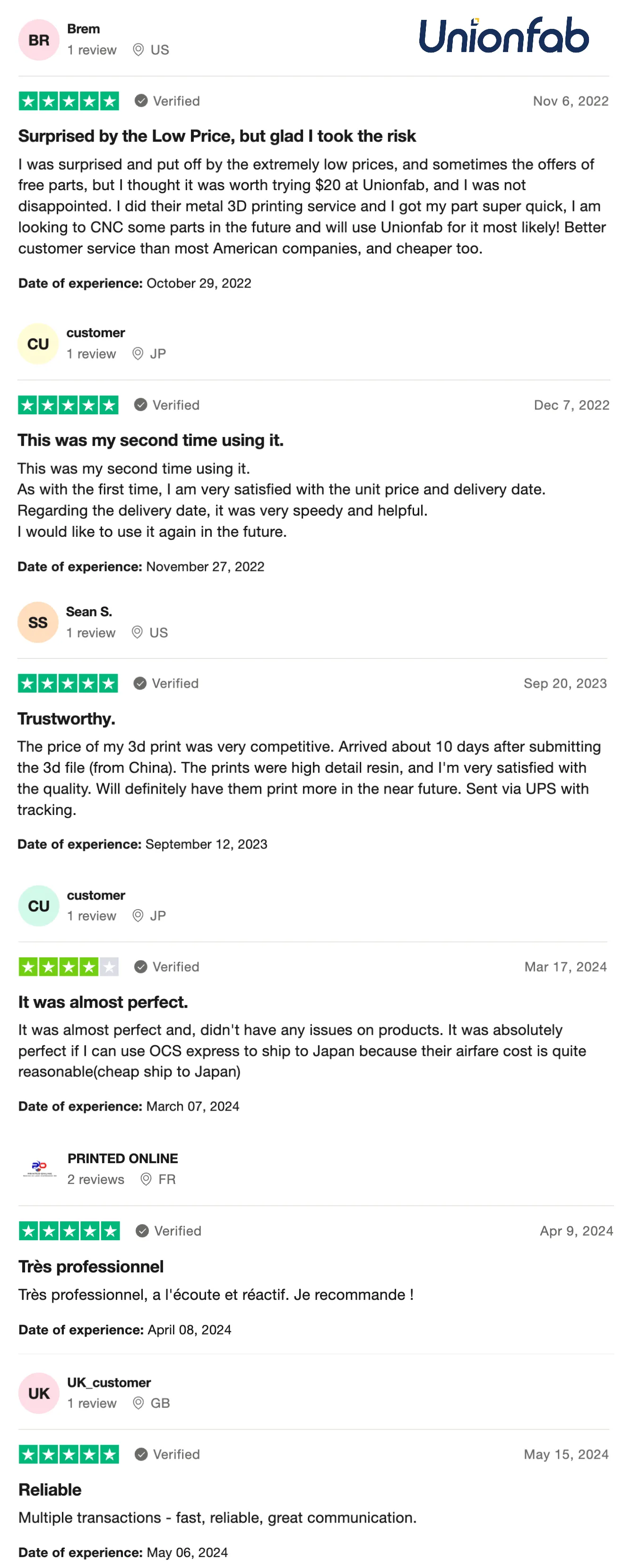 Unionfab customer feedback