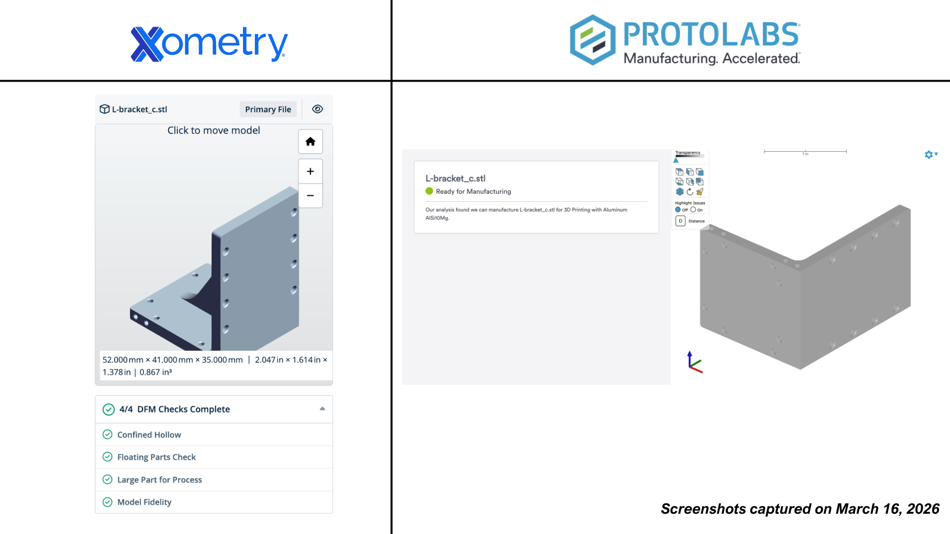 Instant quoting interface comparison showing DFM feedback from Xometry and Protolabs