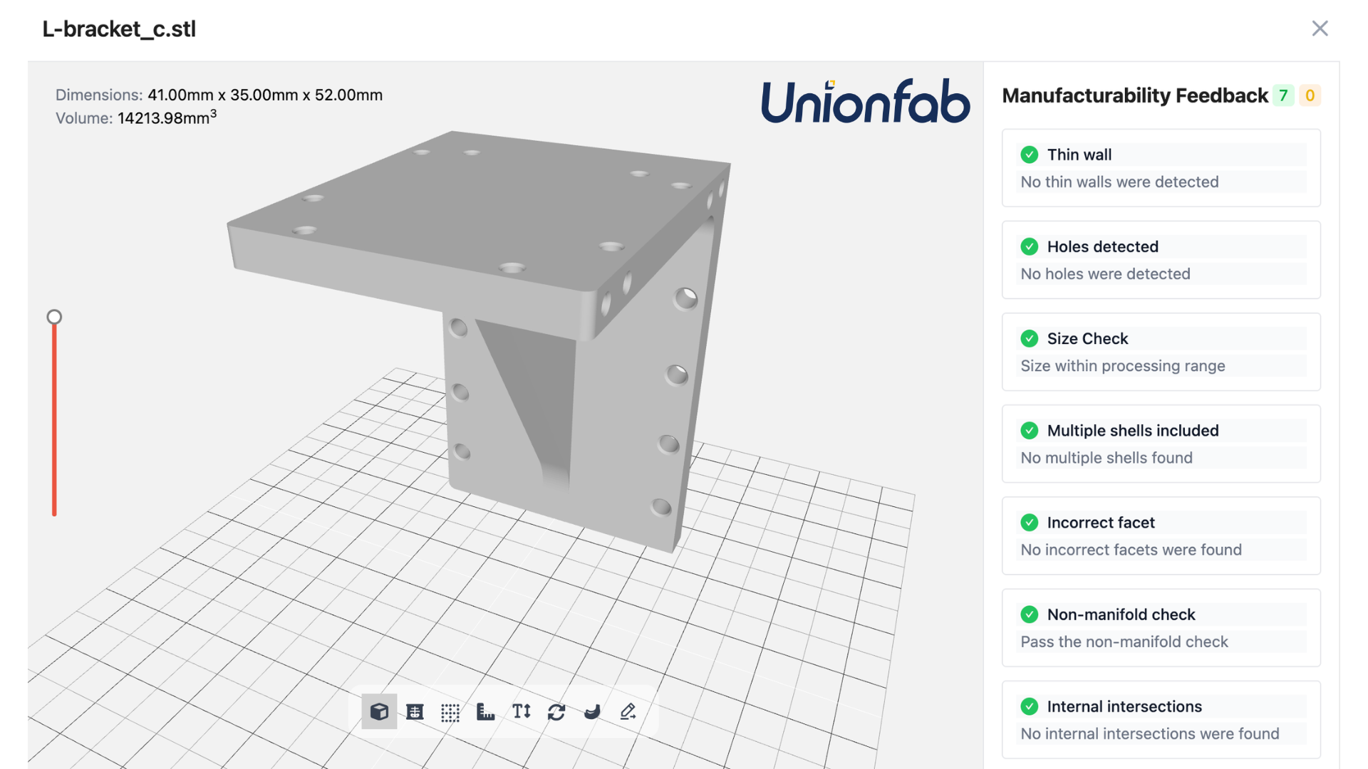 Unionfab manufacturability feedback panel showing automated DFM checks