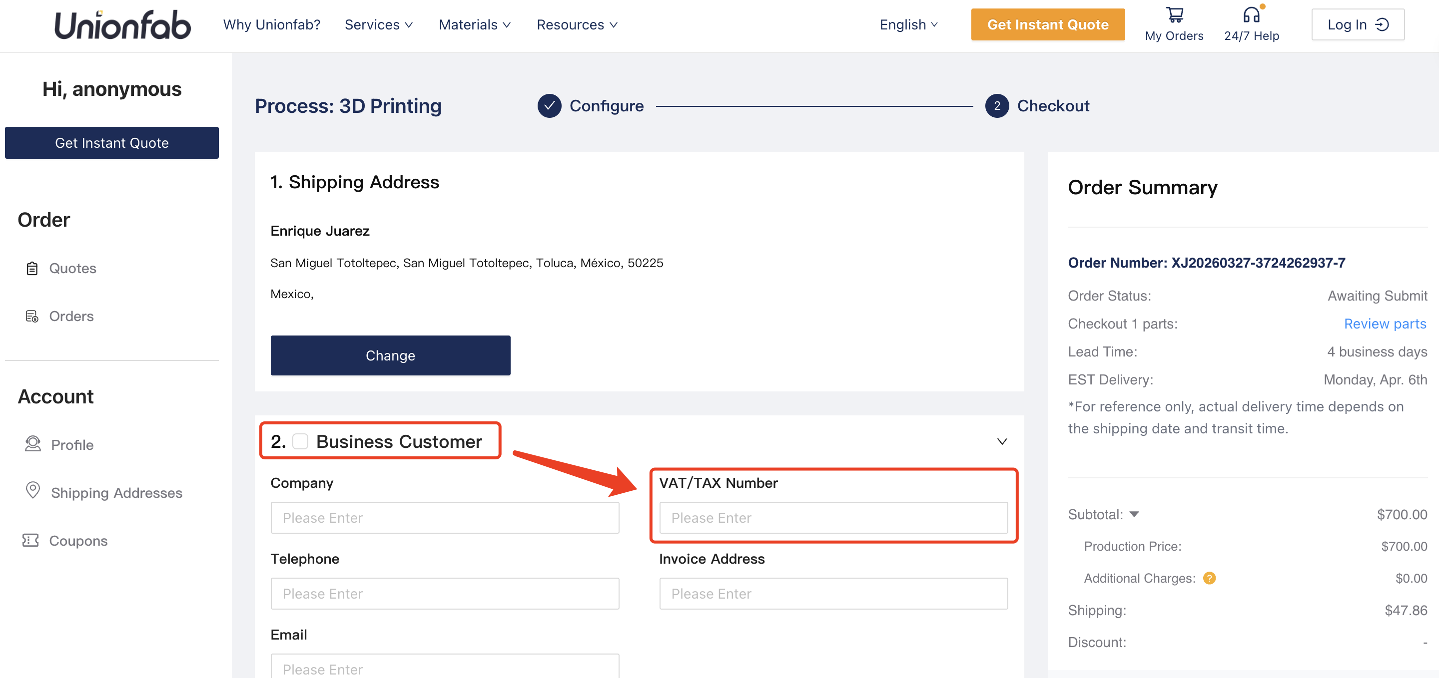fill in your VAT number on the quote request page